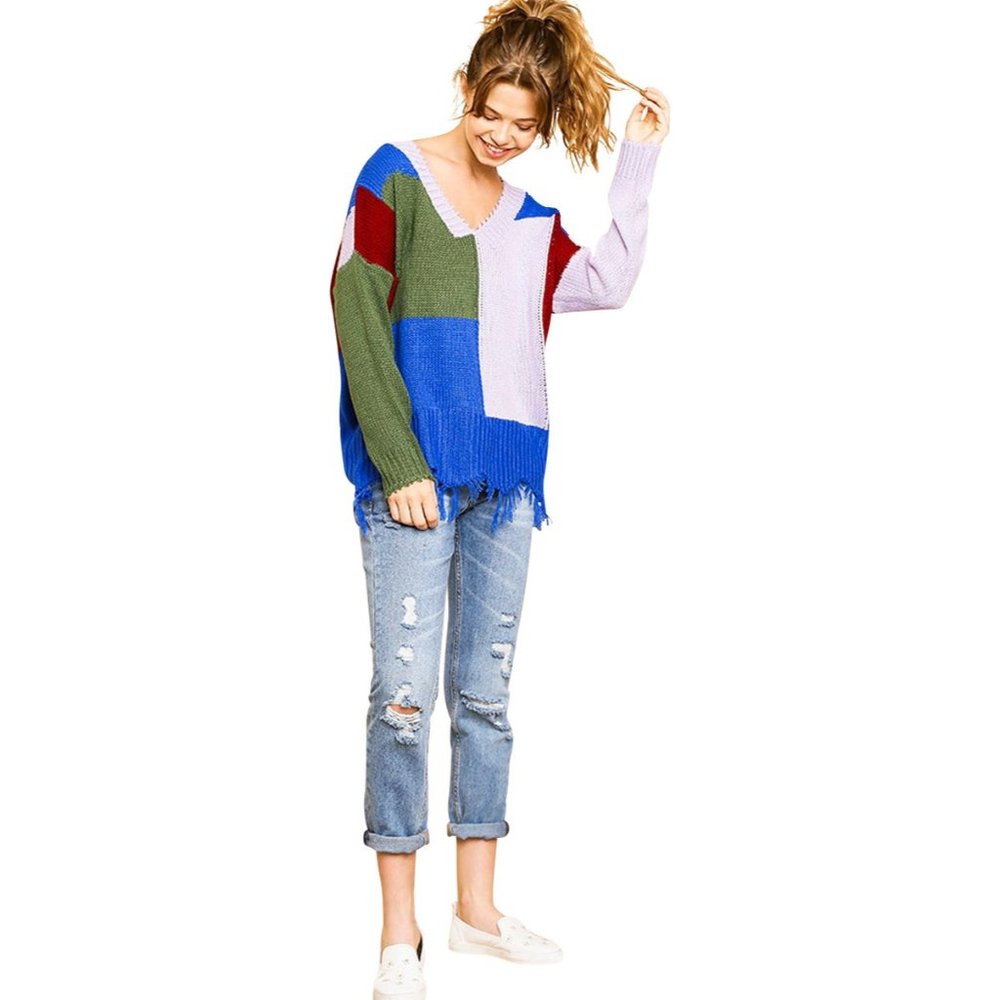 Umgee Color Block Frayed Hem Sweater